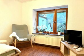 A room with a wooden floor, a window with a view of trees, a chair, a radiator, and a television on a wooden stand. - UferZeit holiday home with terrace (Ediger-Eller)