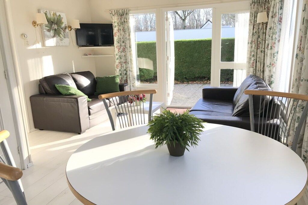 A living room with a sofa, a dining table, and a potted plant.