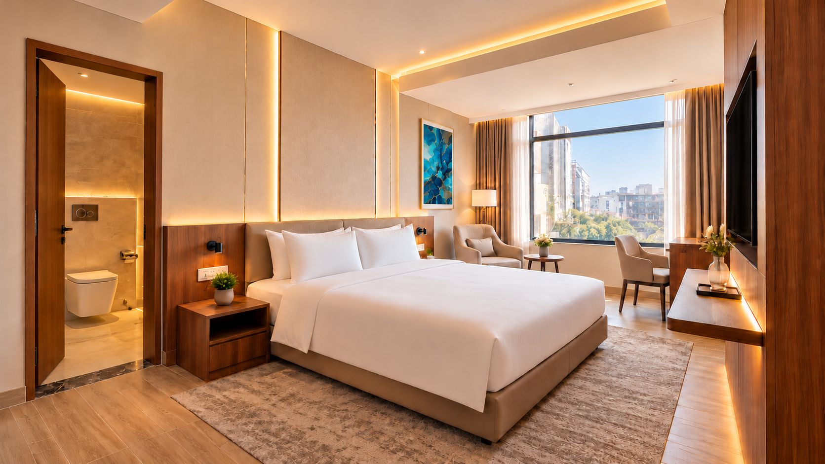 A modern hotel room with a large bed, a desk, a chair, and a TV.