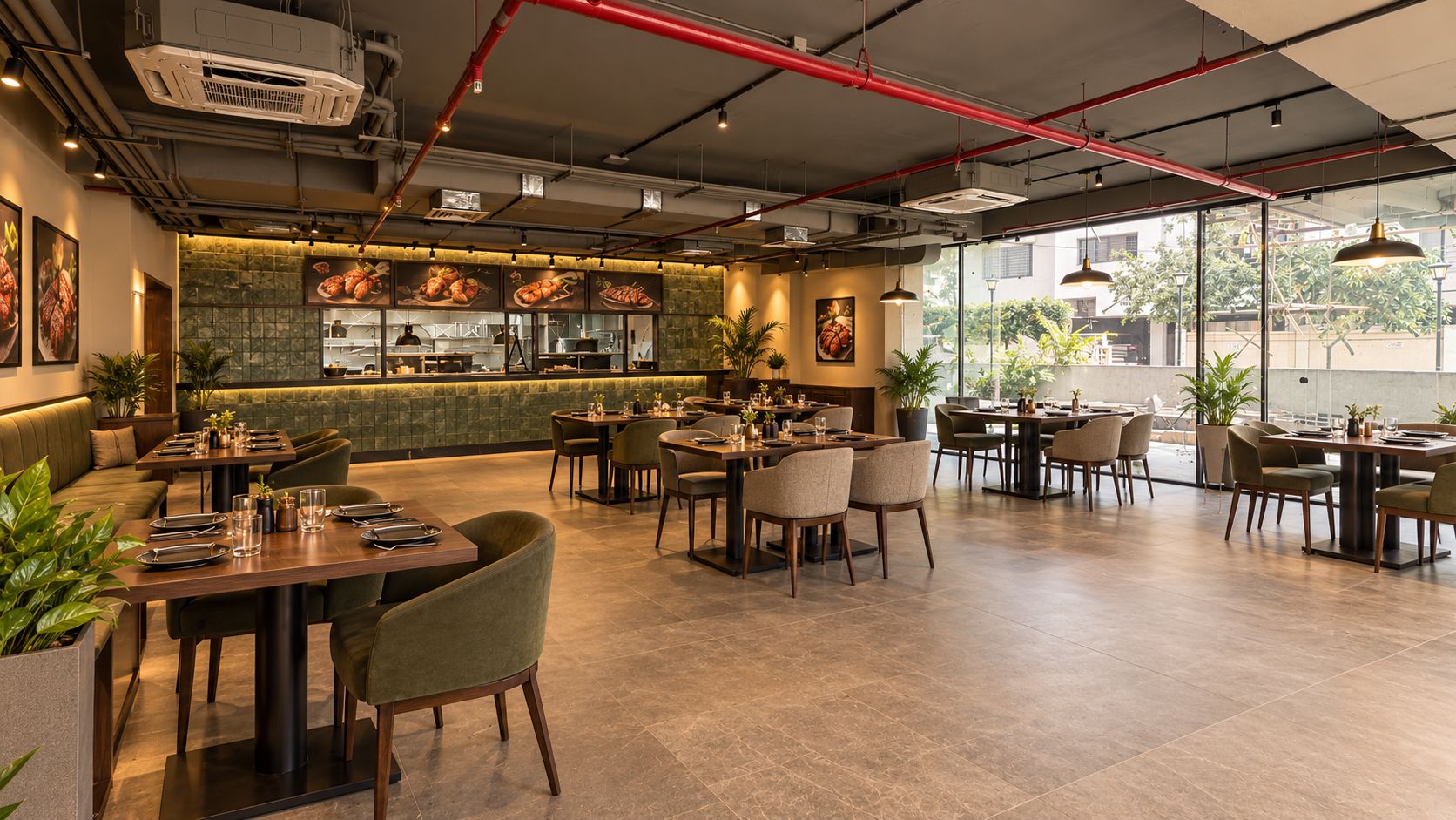 Un restaurant doté de plusieurs espaces de restauration, d’un bar et d’un comptoir où l’on peut consulter le menu.