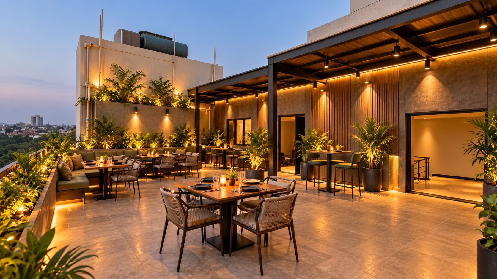 An outdoor dining area with multiple tables and chairs, surrounded by potted plants and a view of the cityscape.