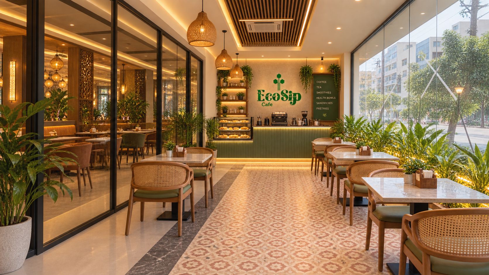 A cafe interior with a counter displaying menu items, wicker furniture, and potted plants.