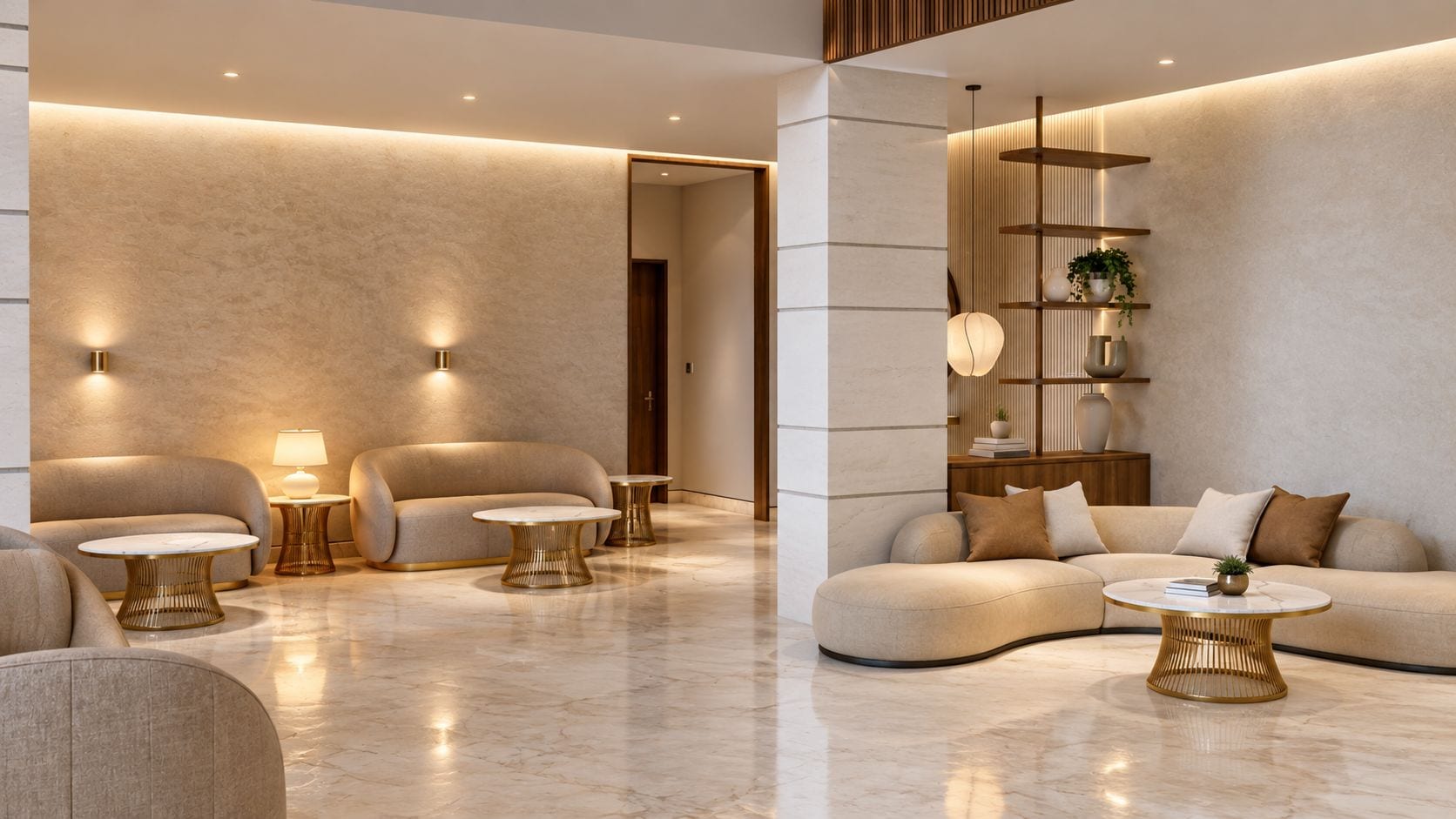 Una sala moderna con un sofá, sillones y una mesa de centro.