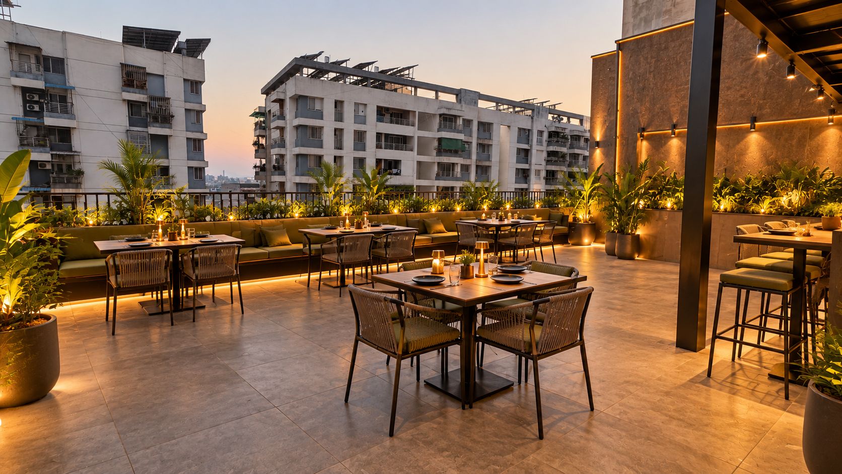 An outdoor dining area with tables and chairs, surrounded by potted plants, and overlooking a cityscape.