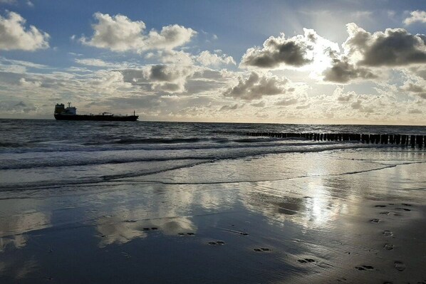 Ein Strand mit einem Schiffen am Horizont und einem bewölkten Himmel.