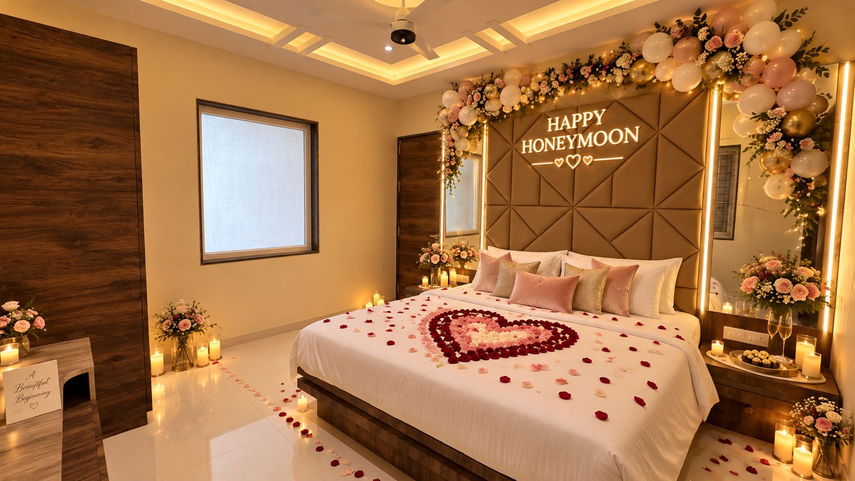 Eine Hochzeitsuite mit einem Rosenblatt-geschmückten Bett, einer herzförmigen Dekoration und einem Schild mit der Aufschrift 'Happy Honeymoon'.