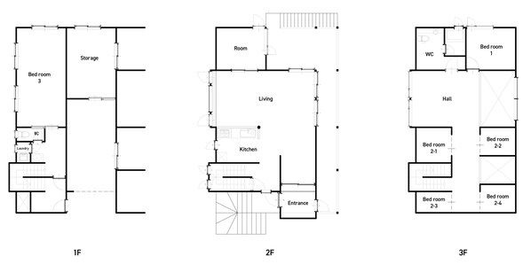 Three floor plans of a hotel with labeled rooms and amenities.