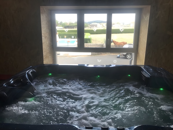 Un jacuzzi con chorros de agua, vista por la ventana a un caballo y un vehículo afuera.