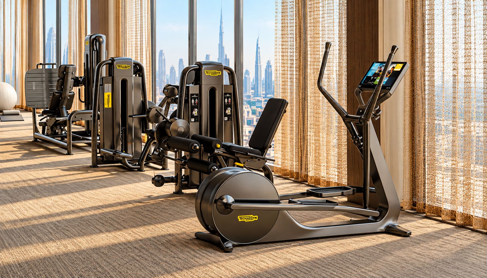 Een sportschool met cardio-apparatuur en gewichten, grote ramen met uitzicht op de stad.