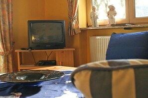 Huoneessa on televisio, joka on sijoitettu puiseen telineeseen, patteri ja ikkuna, jossa on verhot.