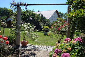 A garden with a pergola, potted plants, and a lawn. - Herold holiday apartment (Friedrichshafen)
