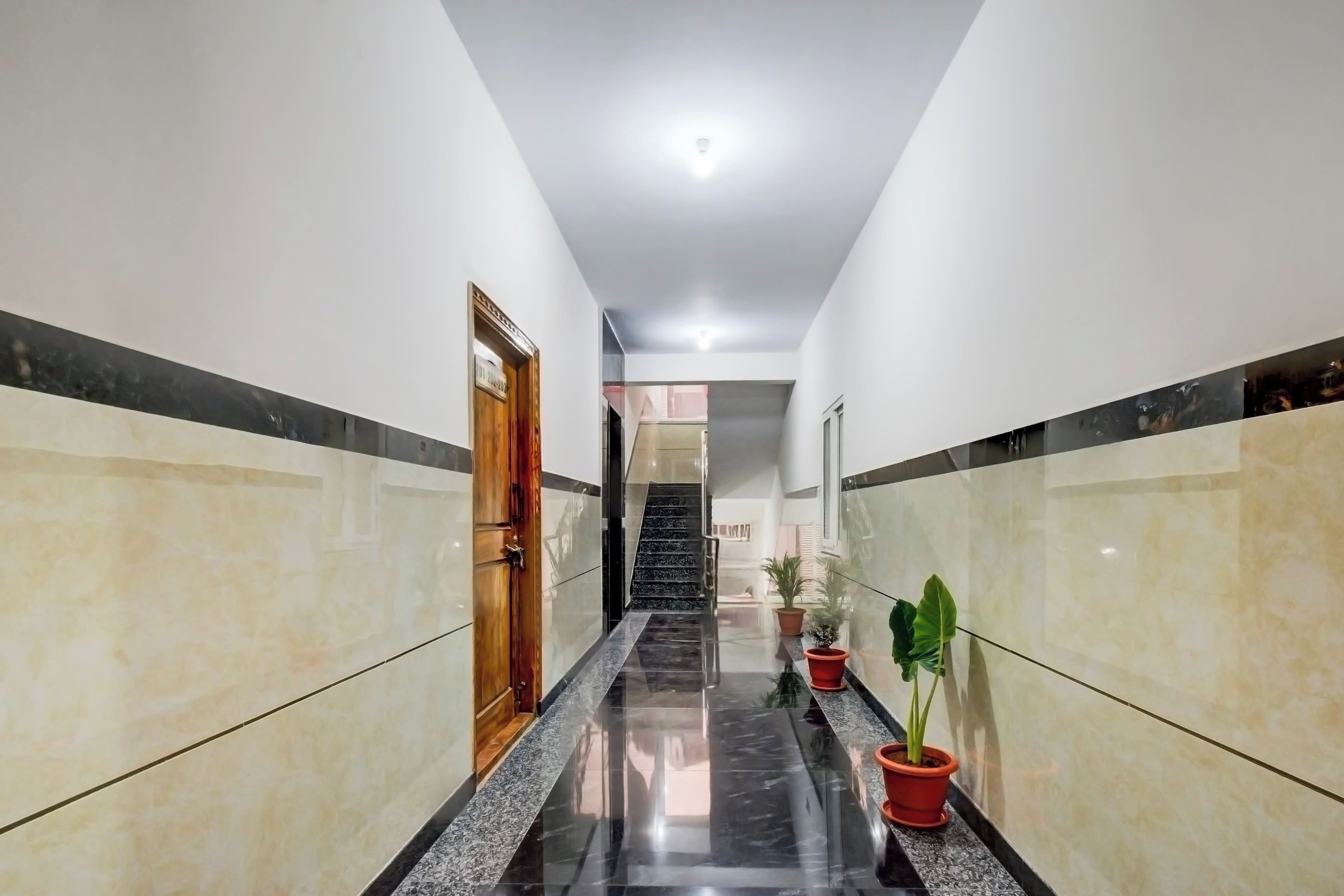 Un pasillo con una puerta de madera, plantas en macetas y una escalera que lleva a otra zona.