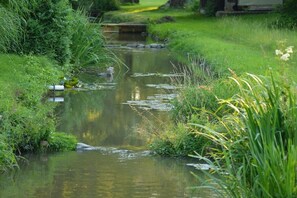 A tranquil waterway with a wooden bridge, surrounded by lush greenery and a grassy bank. - in the Zum Inn apartment building (Bad Füssing)
