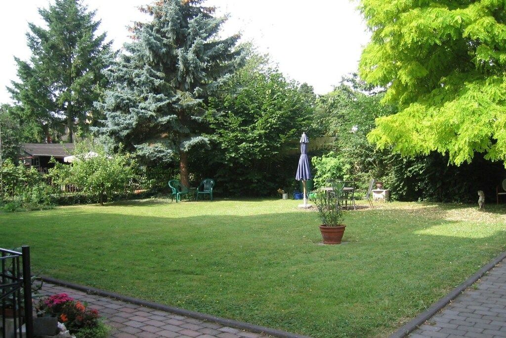 Un giardino curato con prato, una pianta in vaso e un patio con mobili da esterno.
