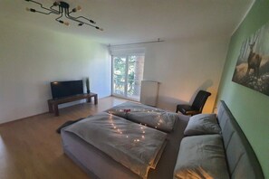 A bedroom with a bed, a television, a chair, and a window. - Panoramic view of Baiersbronn (Baiersbronn)