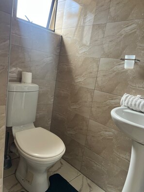 Un bagno con il water, un lavandino e un portasciugamani.