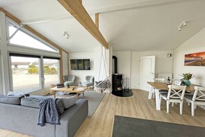 A modern living room with a sofa, coffee table, and dining area with chairs. There is a fireplace and a large window providing a view outside. - Holiday home in Kappeln with swimming pool (Kappeln)