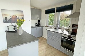 A modern kitchen with grey cabinets, a built-in oven, and a window with blinds. - Holiday home in Kappeln with swimming pool (Kappeln)