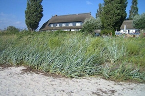 Ein Küstenhaus mit sandigem Vordergrund und hohem Gras.