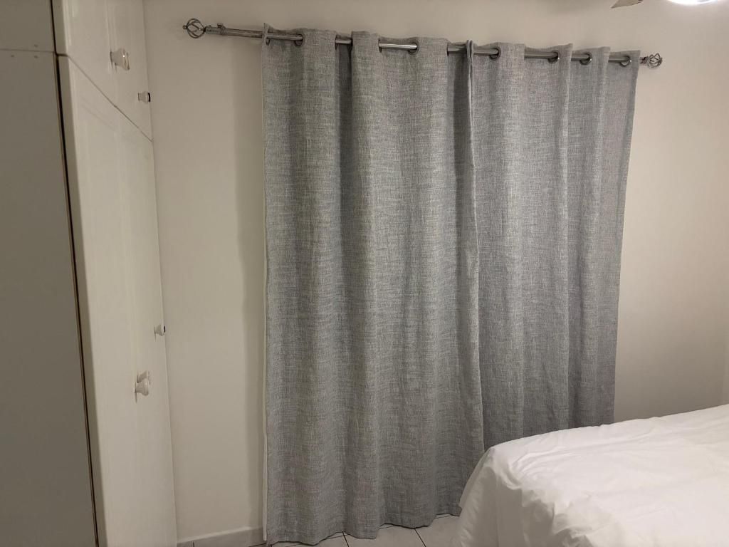 A room with a bed, a curtain, and a door.