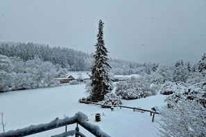 Schneebedeckte Landschaft mit einem hohen Nadelbaum, einem Holzzaun und einem Gebäude im Hintergrund.