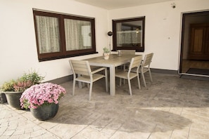A patio with a table and chairs, potted plants, and a window with curtains. - Holiday apartment with 3 bedrooms (Weisenheim am Sand)