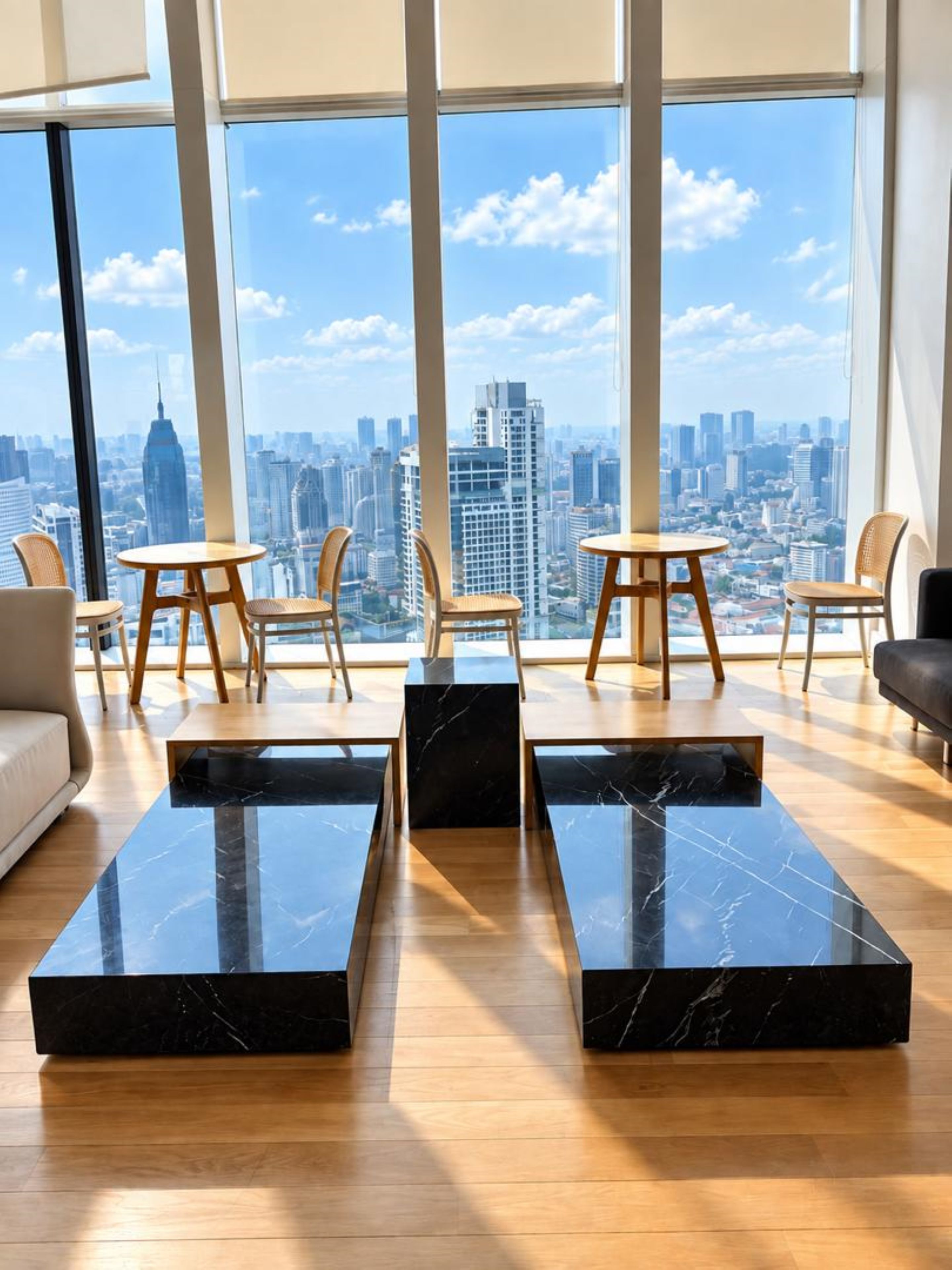 Una sala de estar moderna con vistas a la ciudad, que incluye un sofá, dos mesas auxiliares y cuatro sillas.