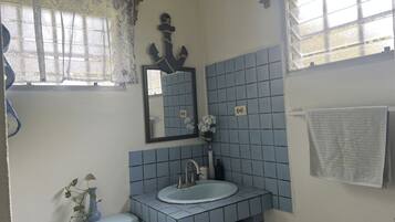 A bathroom with a toilet, sink, mirror, and a window with a curtain.