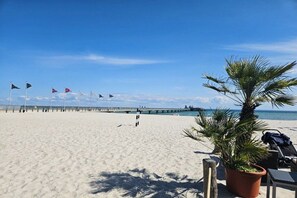 A beach with a pier, palm trees, and flags. - Beach castle “White” (Grömitz)