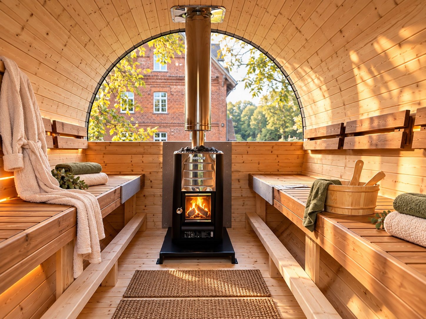 A sauna room with wooden benches, a central wood-burning stove, and a view through a semi-circular window.