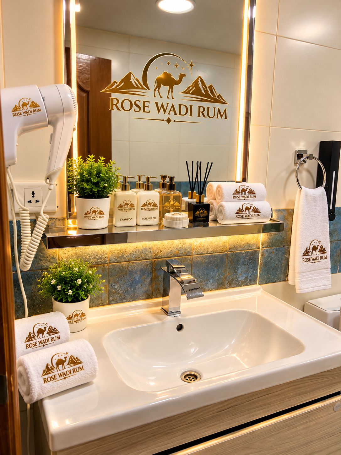 A bathroom with a sink, a hairdryer, a mirror, and toiletries branded with 'ROSE WADI RUM'.