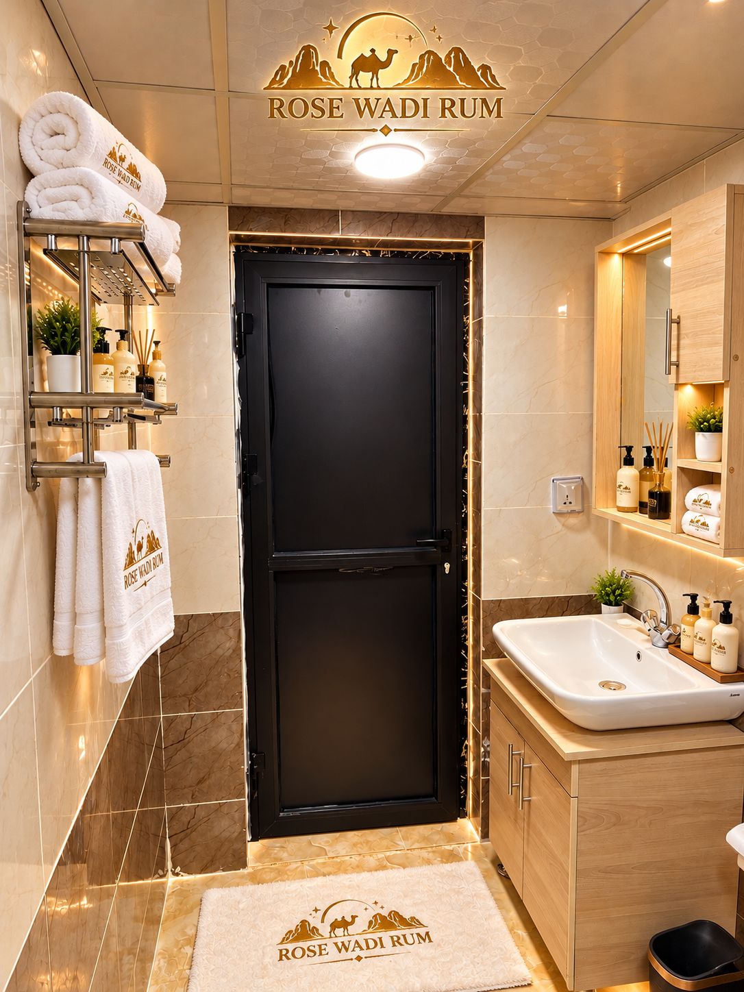 A bathroom with a black door, a sink, and a towel rack with towels.
