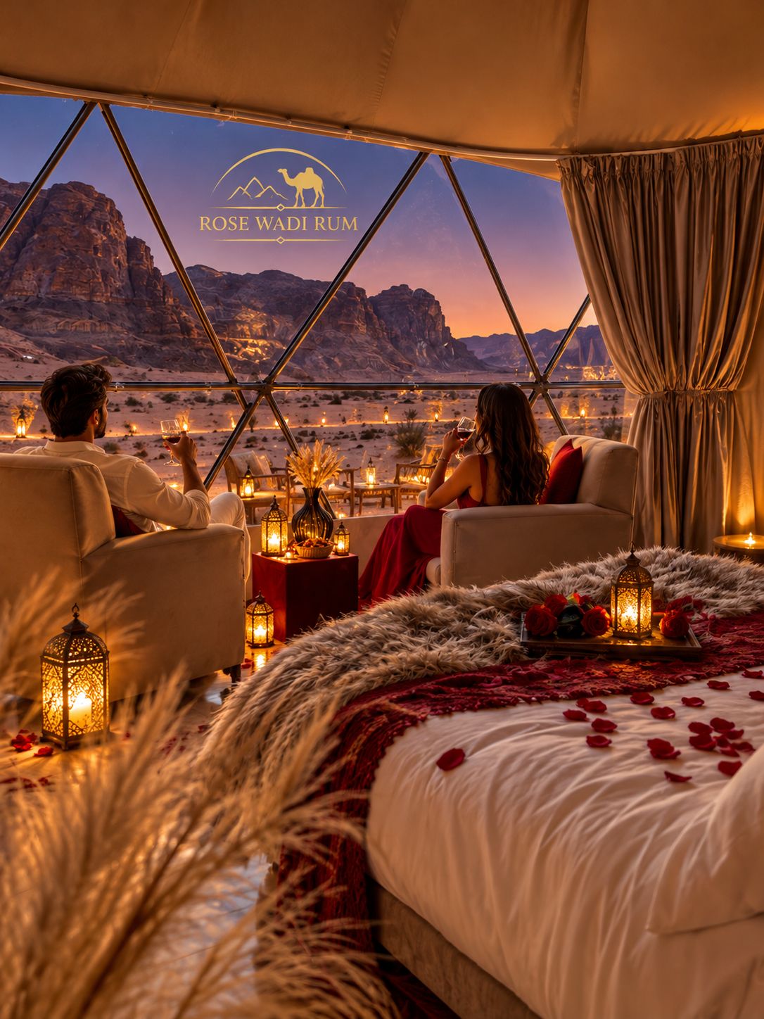 Una habitación con carpa, una cama, dos sillas y vistas al paisaje desértico.