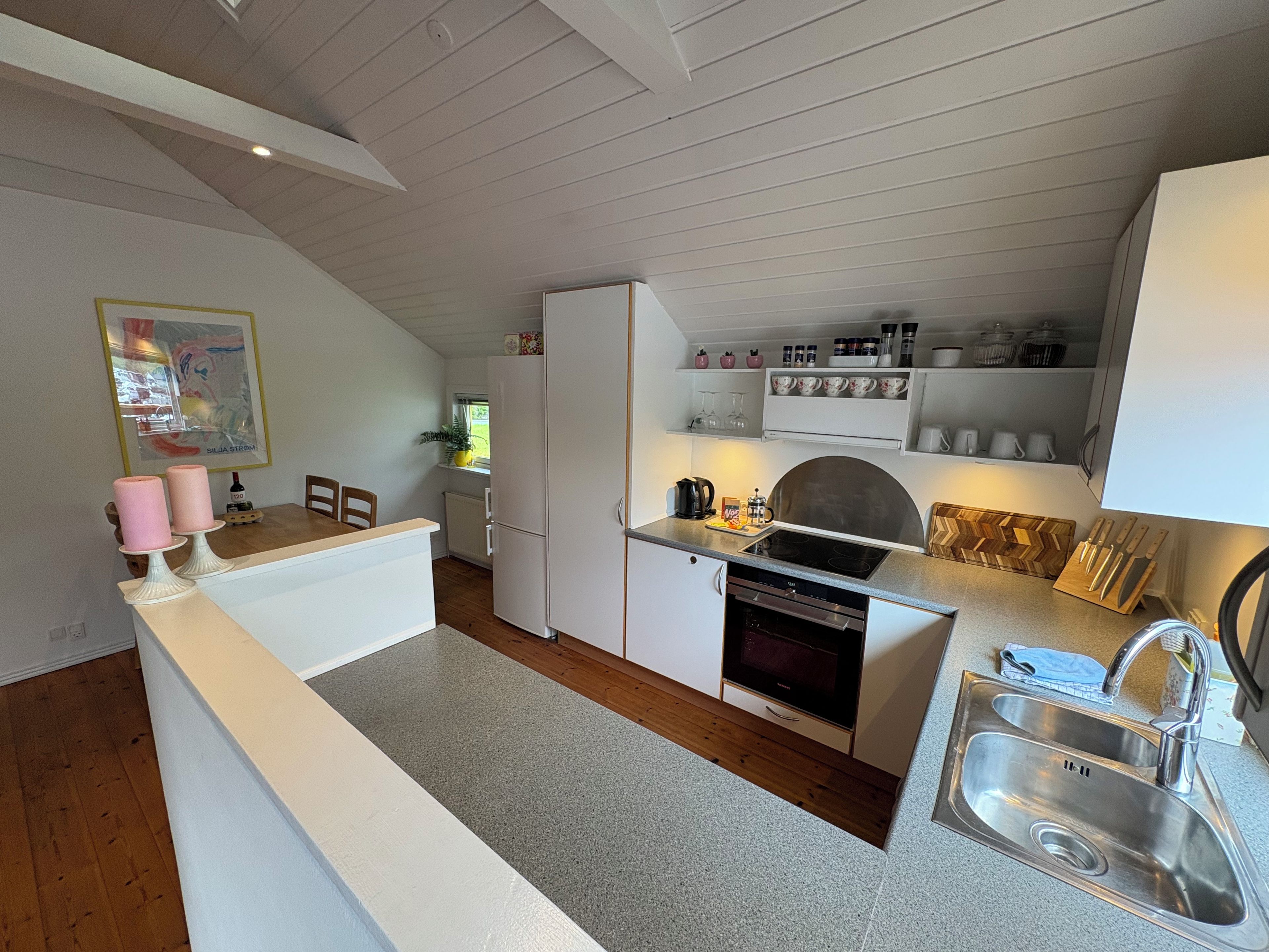 A compact kitchen with a refrigerator, stove, and sink. There is a dining area with chairs and a table, and a window with a plant.