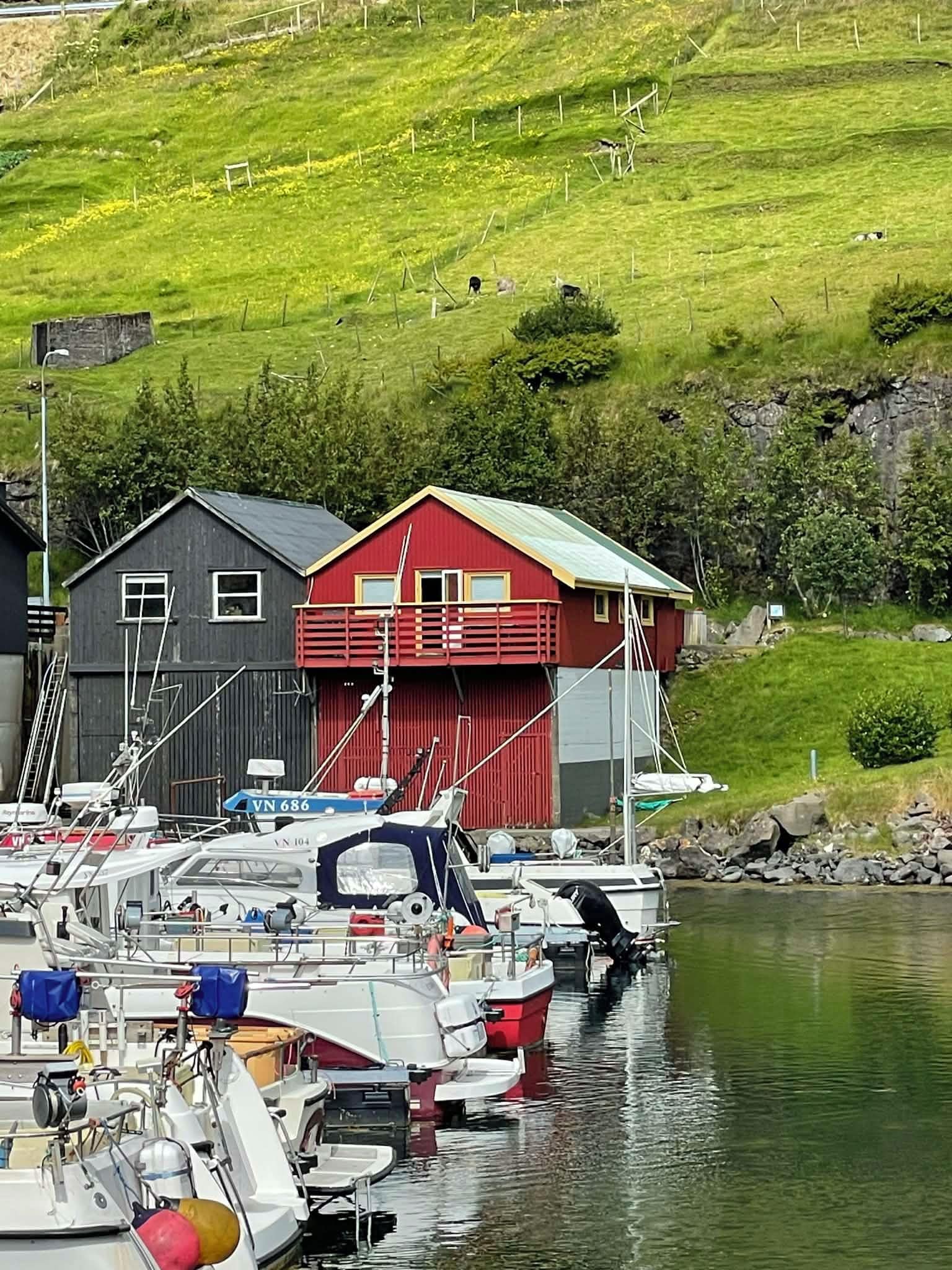 A marina with boats docked, a red and grey building, and a grassy hillside in the background.