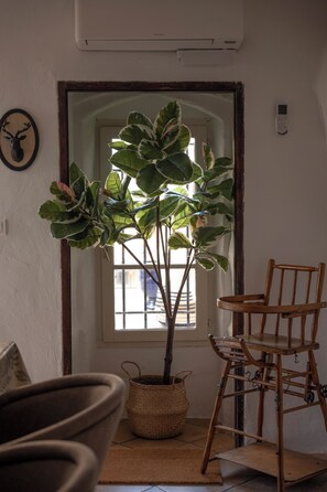 Une pièce comprenant un pot de fleurs, une chaise, un panier en osier et une horloge murale.