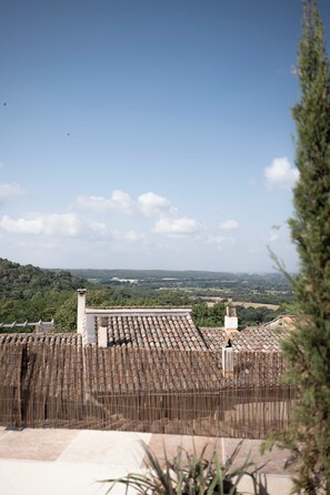 On aperçoit un toit recouvert de tuiles en terre cuite, une clôture en bois et, au loin, un paysage composé d’arbres et de bâtiments.