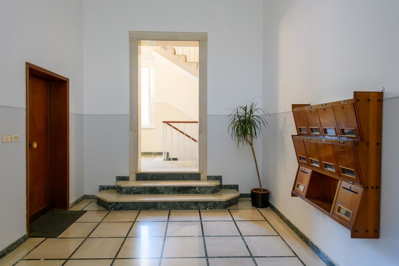 A hallway with a wooden door, a staircase leading to an upper floor, a potted plant, and a wall-mounted wooden shelf unit.