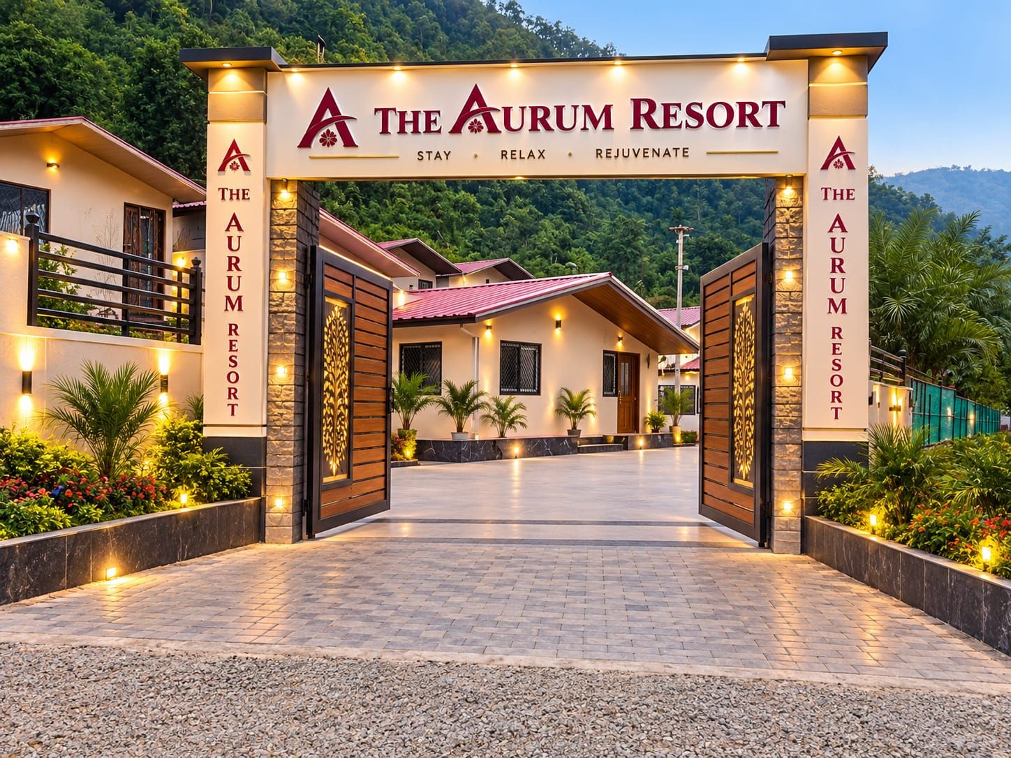 Entrada al Aurum Resort, con un letrero, un camino pavimentado y follaje circundante.