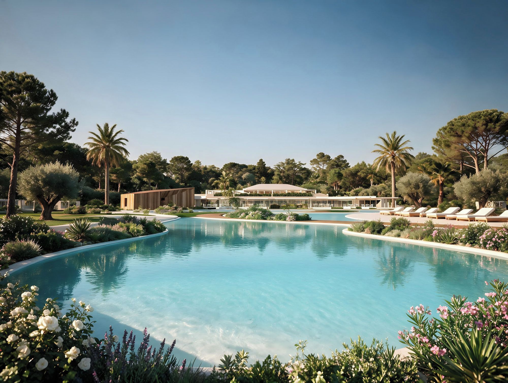 A swimming pool with surrounding lounge areas and a building with a flat roof.