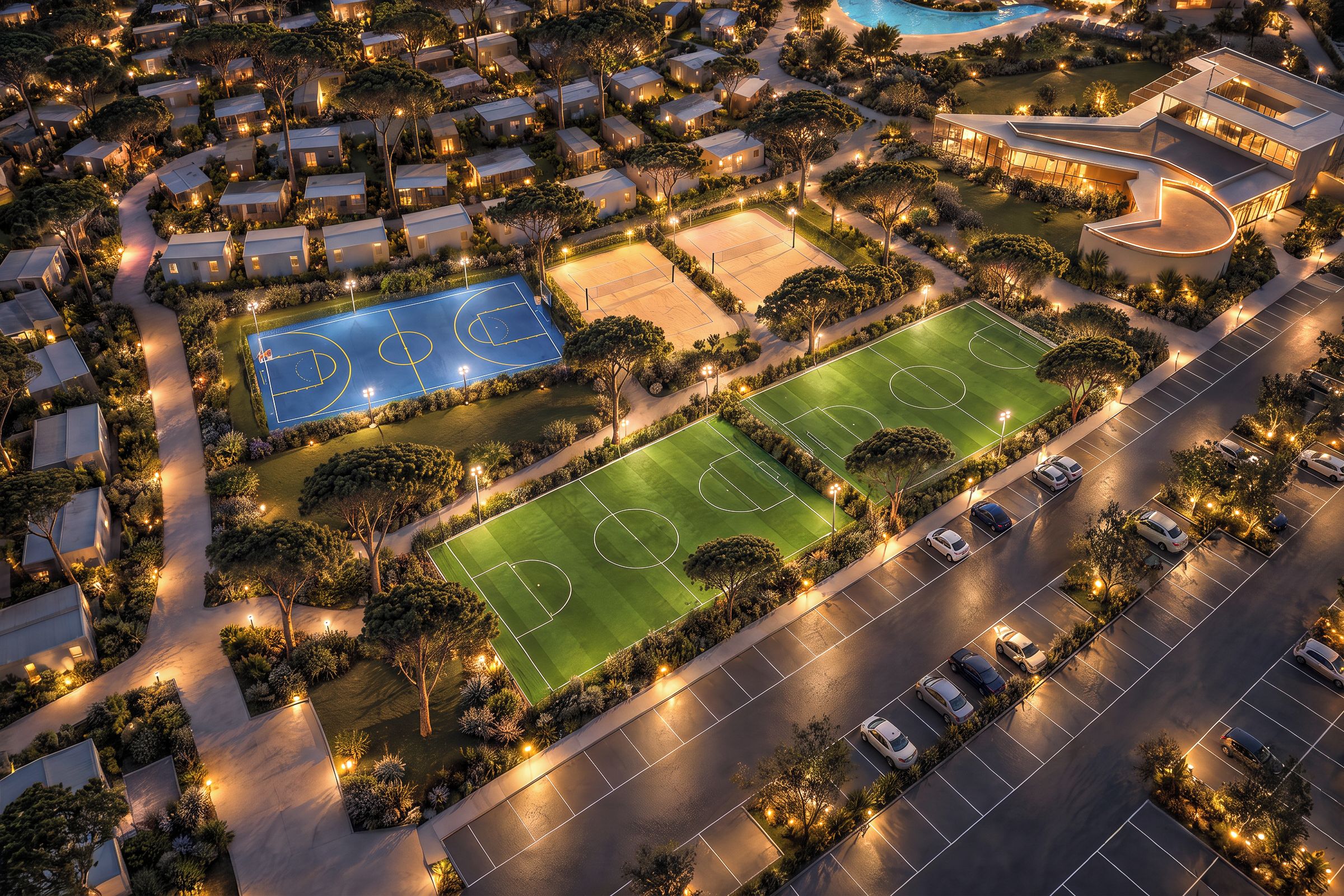 An aerial view of a residential area with multiple houses, a basketball court, and a swimming pool.