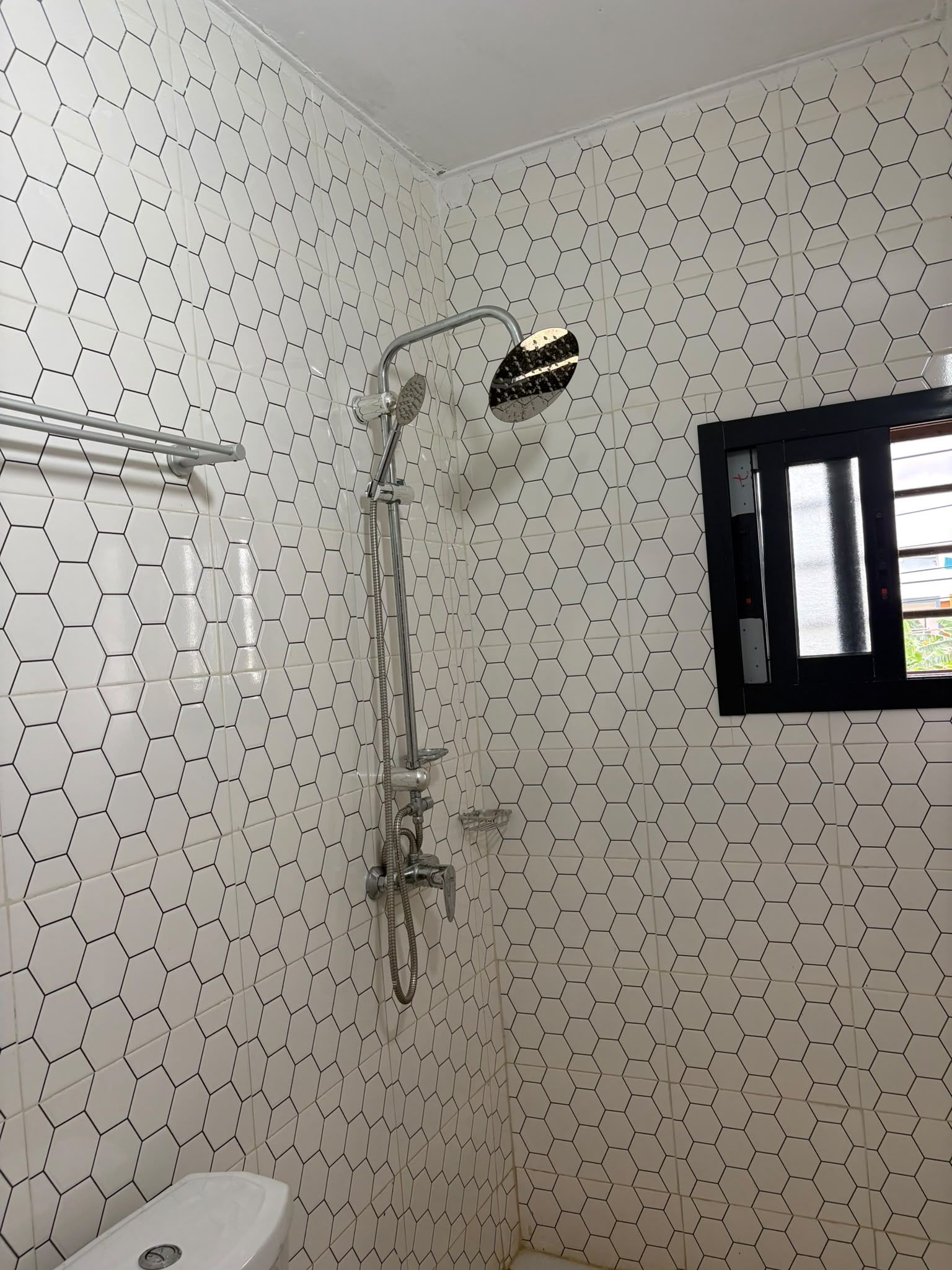 A bathroom with a shower, toilet, and a window with a view.