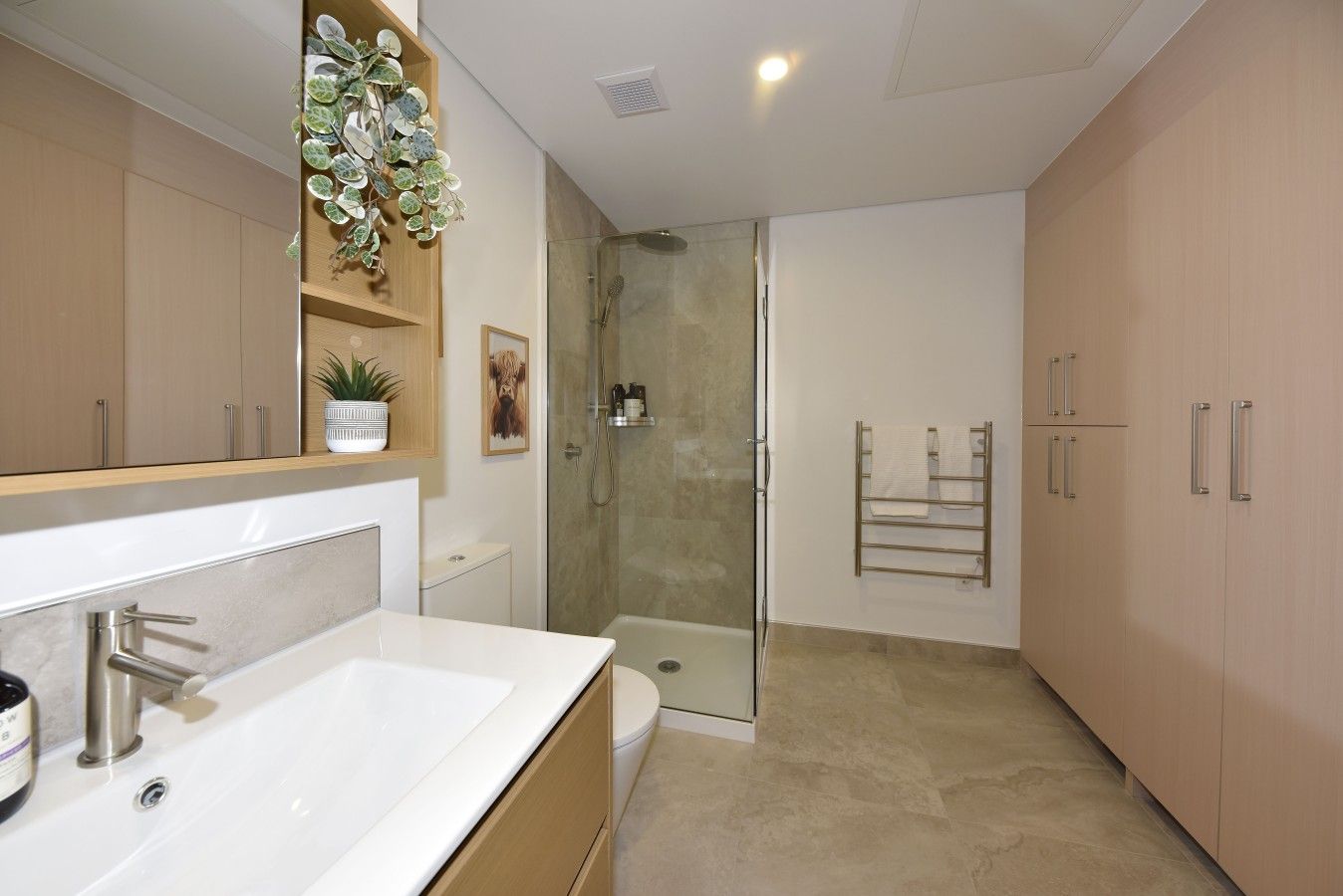 Un bagno moderno con un ampio lavandino bianco, doccia vetrata e mobili in legno.
