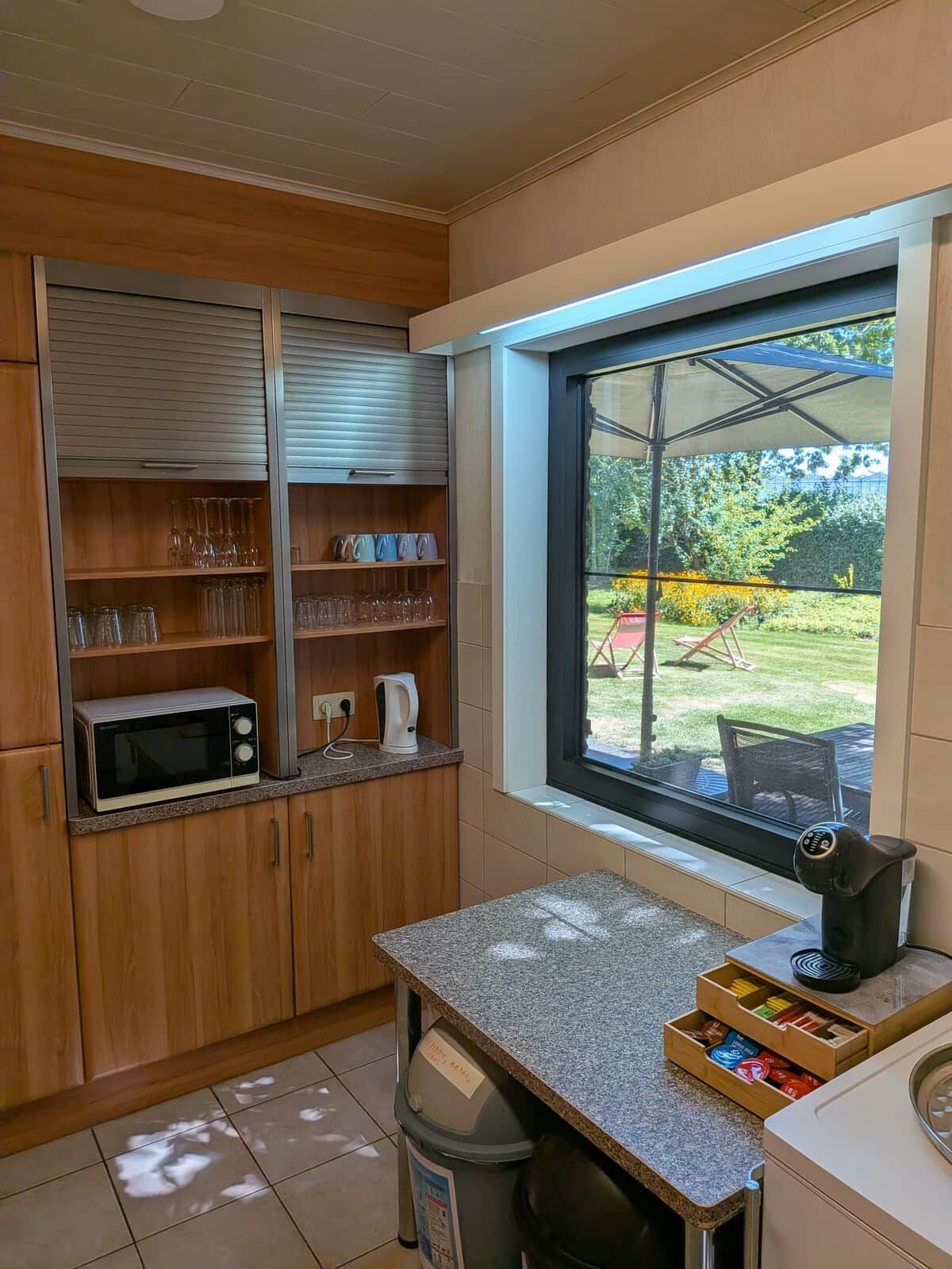 A compact kitchen with a microwave, kettle, and a window overlooking a garden.