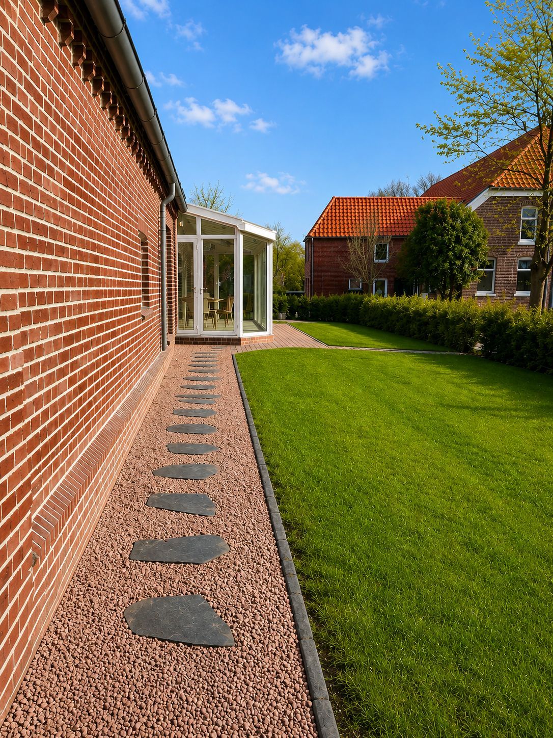 Un bâtiment en briques doté d’un patio couvert, d’une pelouse bien entretenue et d’un chemin de pierre menant à l’entrée.