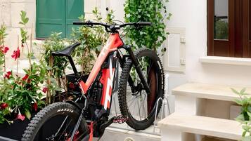 Una mountain bike rossa parcheggiata su una superficie lastricata di pietra, con una porta verde e pareti bianche sullo sfondo.