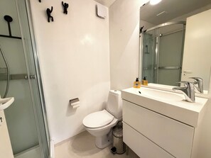 A modern bathroom with a glass shower enclosure, a white toilet, and a vanity with a mirror. - Cosy studio apartment in downtown Reykjavik (Reykjavík)