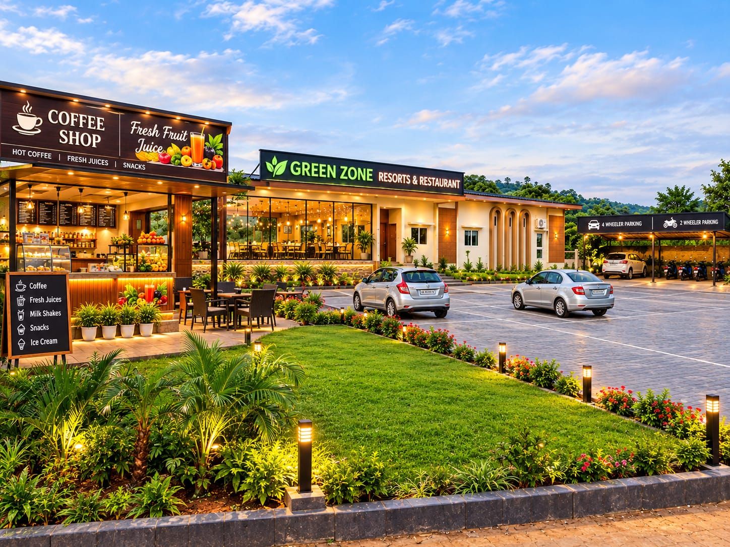A coffee shop and a restaurant with outdoor seating, a parking area, and well-maintained landscaping.