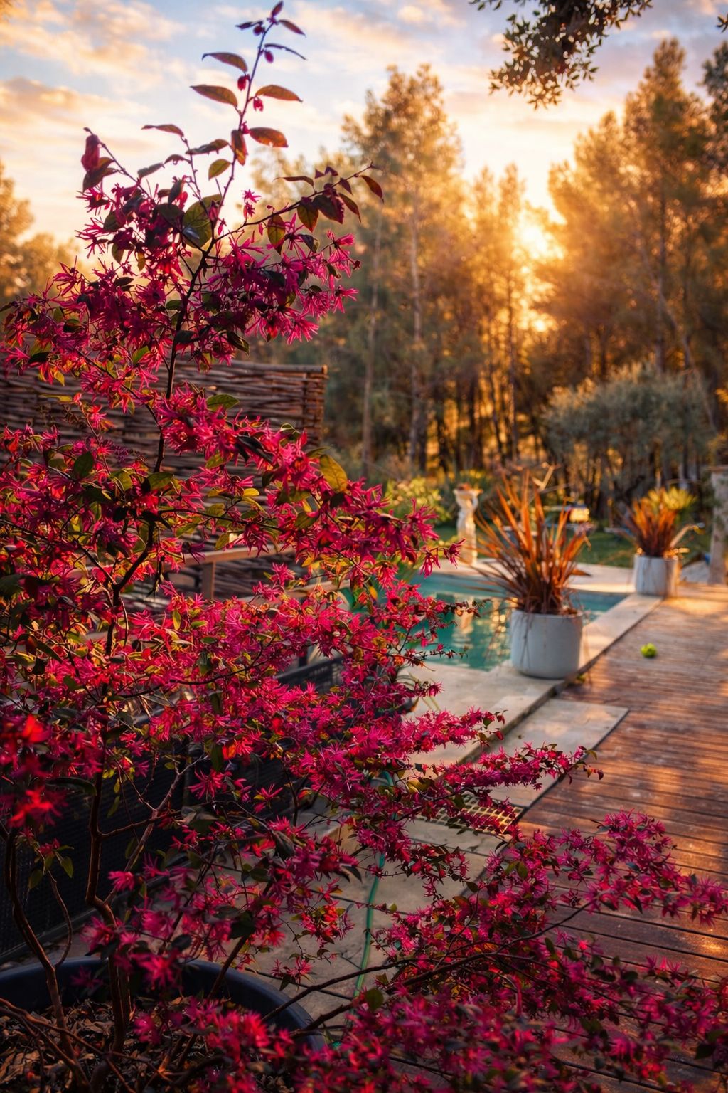 A garden with a wooden deck, potted plants, and a pool.