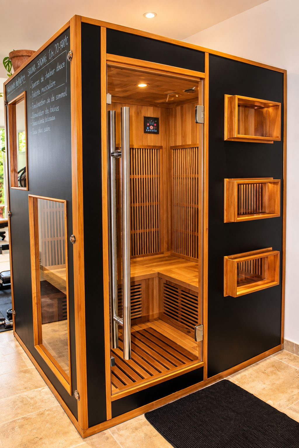 A sauna with a wooden interior, a control panel, and a black exterior.